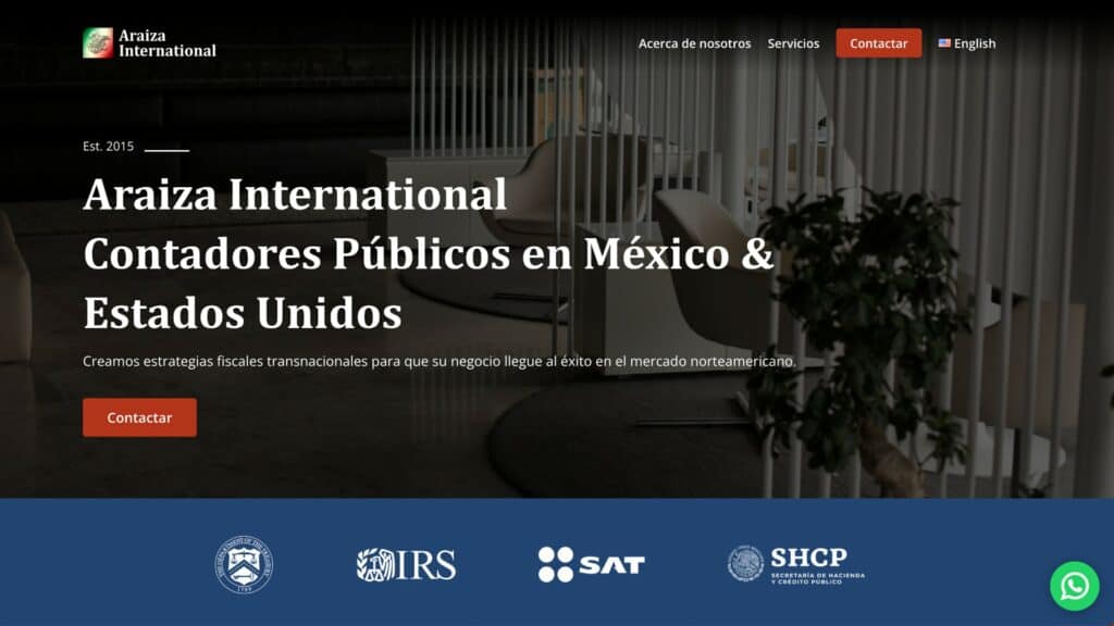 Araiza CPA home page screenshot. In Spanish: 
